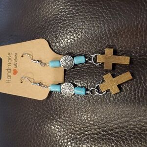 Handmade Cross Earrings with Blue Beads